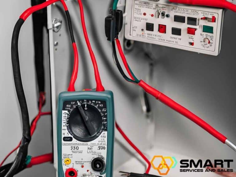 Closeup of a thermal fuse in a dryer with a multimeter probes testing for continuity