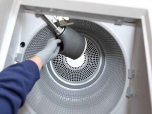 Professional dryer vent cleaning service in South Austin showing accumulated lint buildup