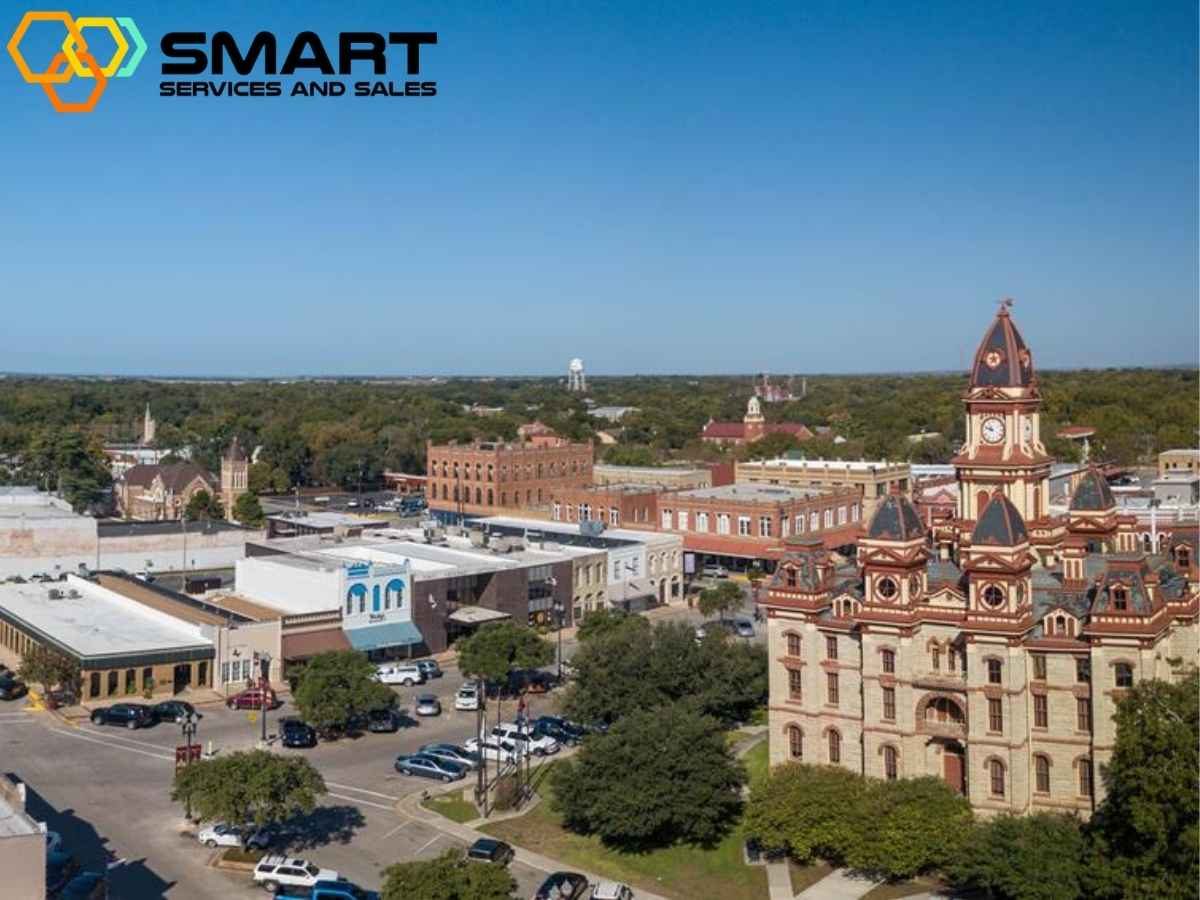 Aerial view of the historic courthouse square in Lockhart, Texas, featuring the Caldwell County Courthouse